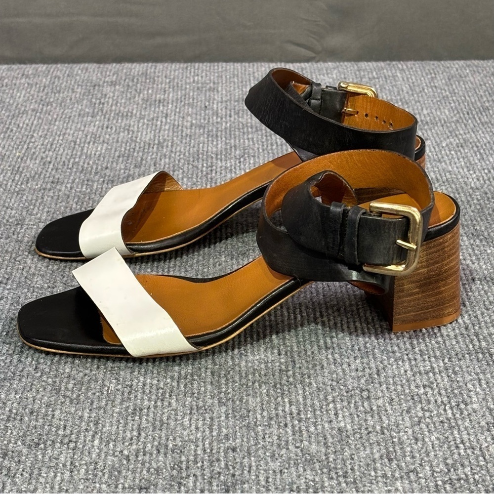 Massimo Baldi Sandals Women 9.5 Heels  Leather Open Toe Ankle Strap Black White